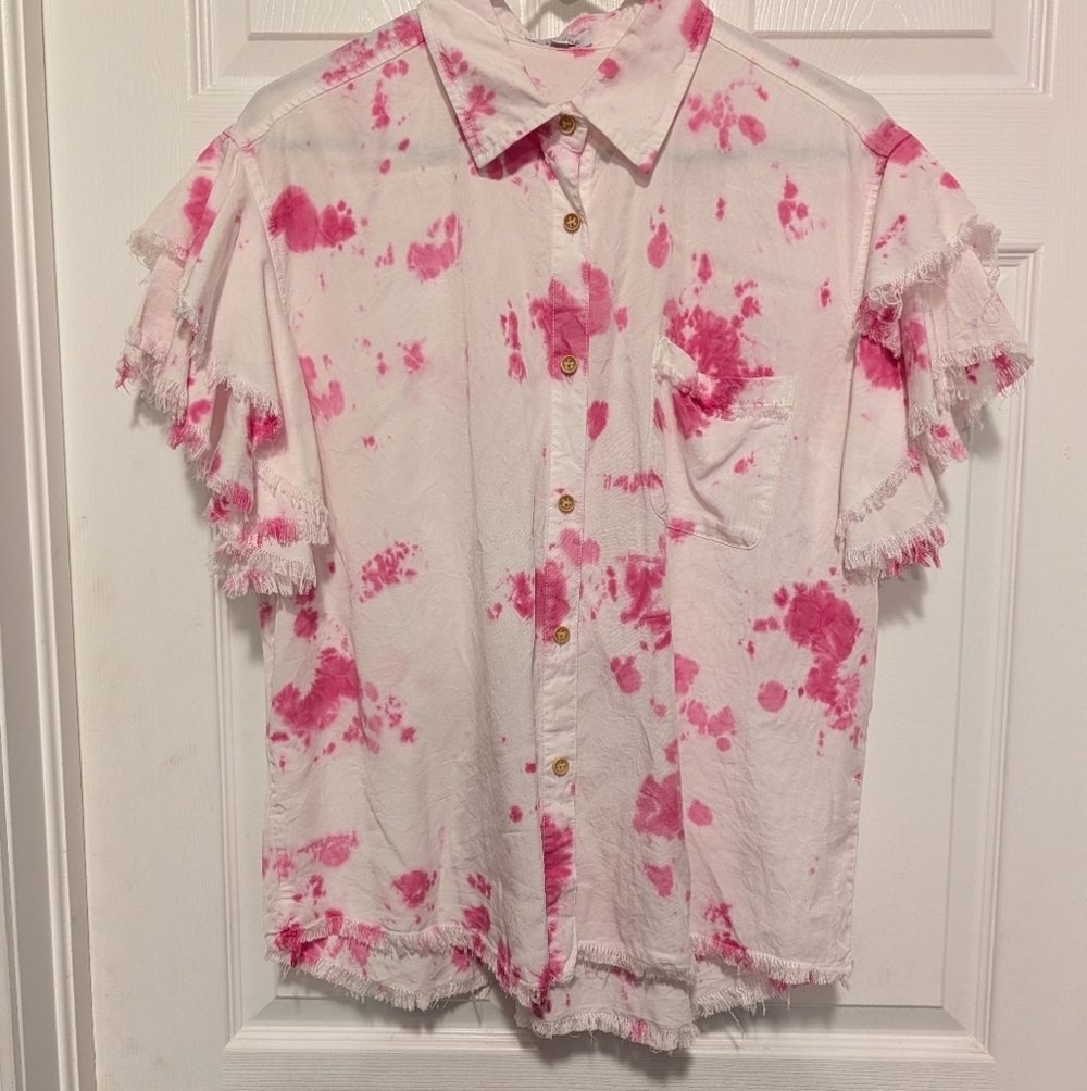 White Birch Tie Dye Button Down Shirt Pink White Medium - Picture 14 of 15